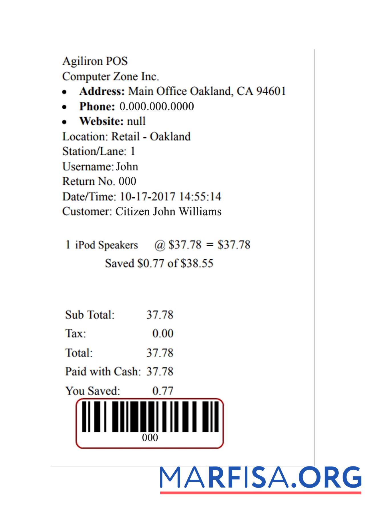 Printable AGILIRON POS payment check sample